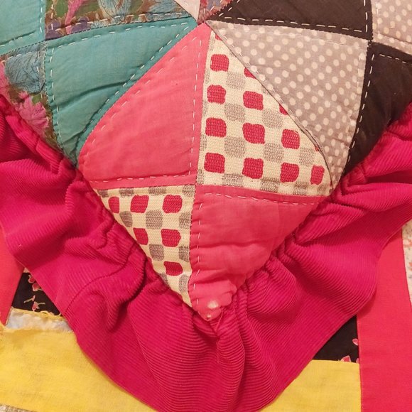 Vintage Patchwork Ruffle Pillow Bright Red Groovy Prints Flowers Stars Check BOH - Picture 7 of 12